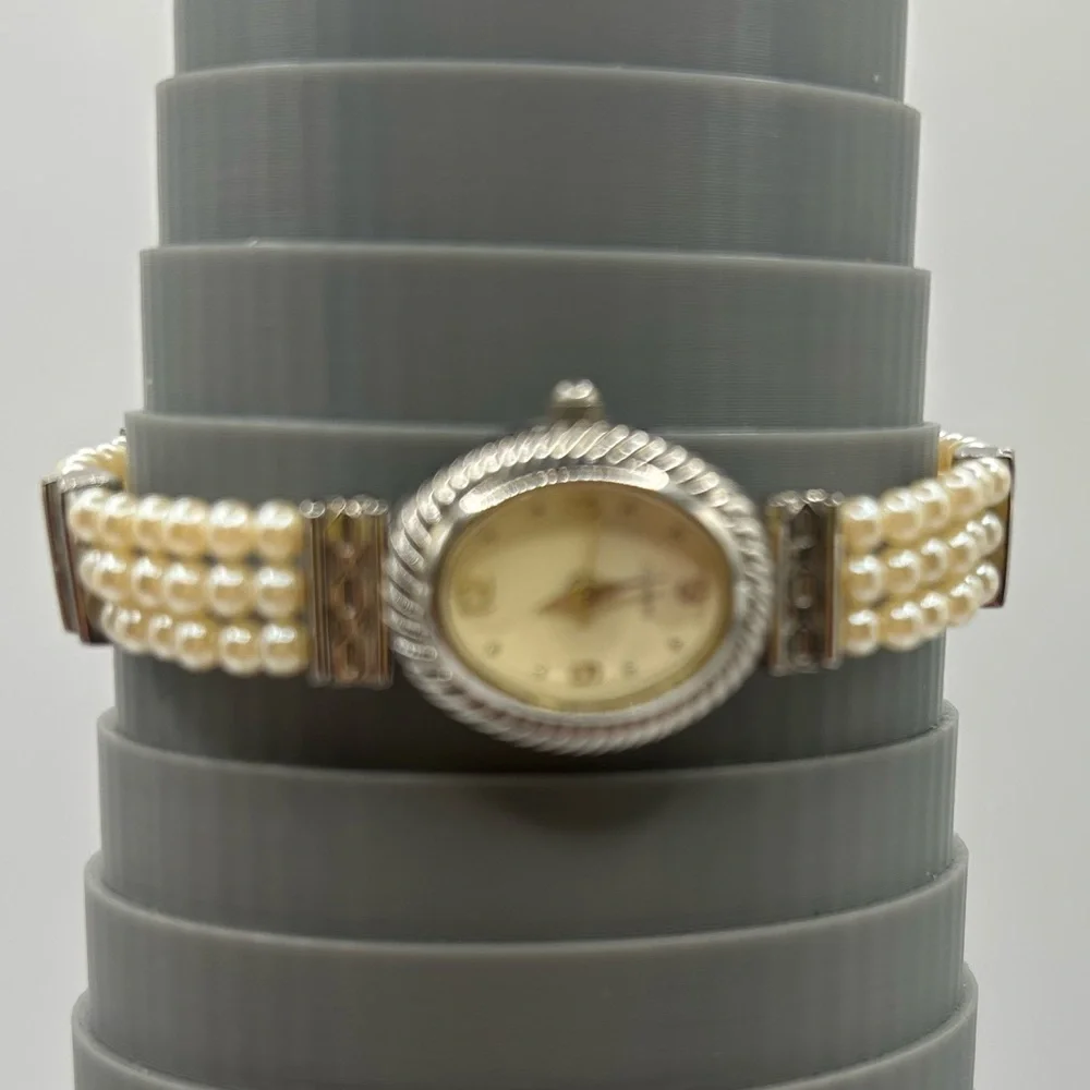 Avon VTG Faux Pearl Band Women's Silver Tone Oval Watch - With New Battery
